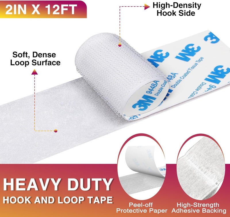 Summerbrite 12ft x 2 Inch Hook and Loop Tape, Heavy Duty Double-Sided Adhesive Strips, Strong Sticky Back Fastener Roll, Cuttable Interlocking Tape Fasteners for Home, Office, Car, School & DIY Crafts White - Image 2